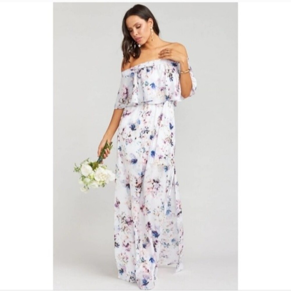 Show Me Your Mumu off the shoulder floral maxi dress, white pink purple L